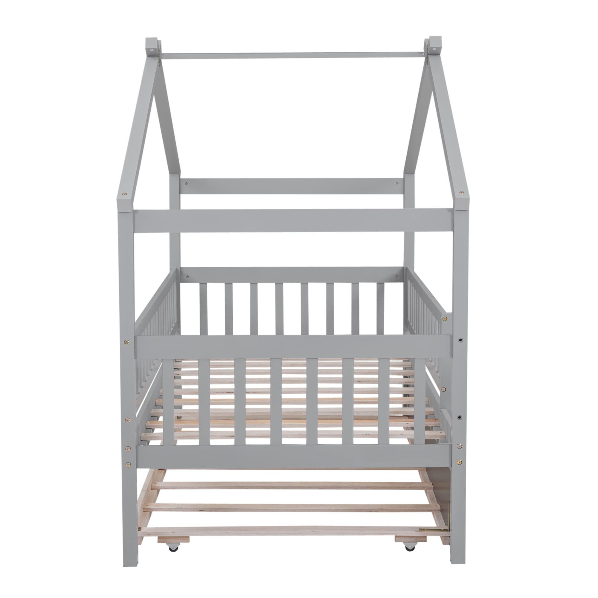 Merax Twin Size Wooden House Bed with Two Drawers, Wood Bed Frame with Roof for Kids, Teens, Boys or Girls, Grey