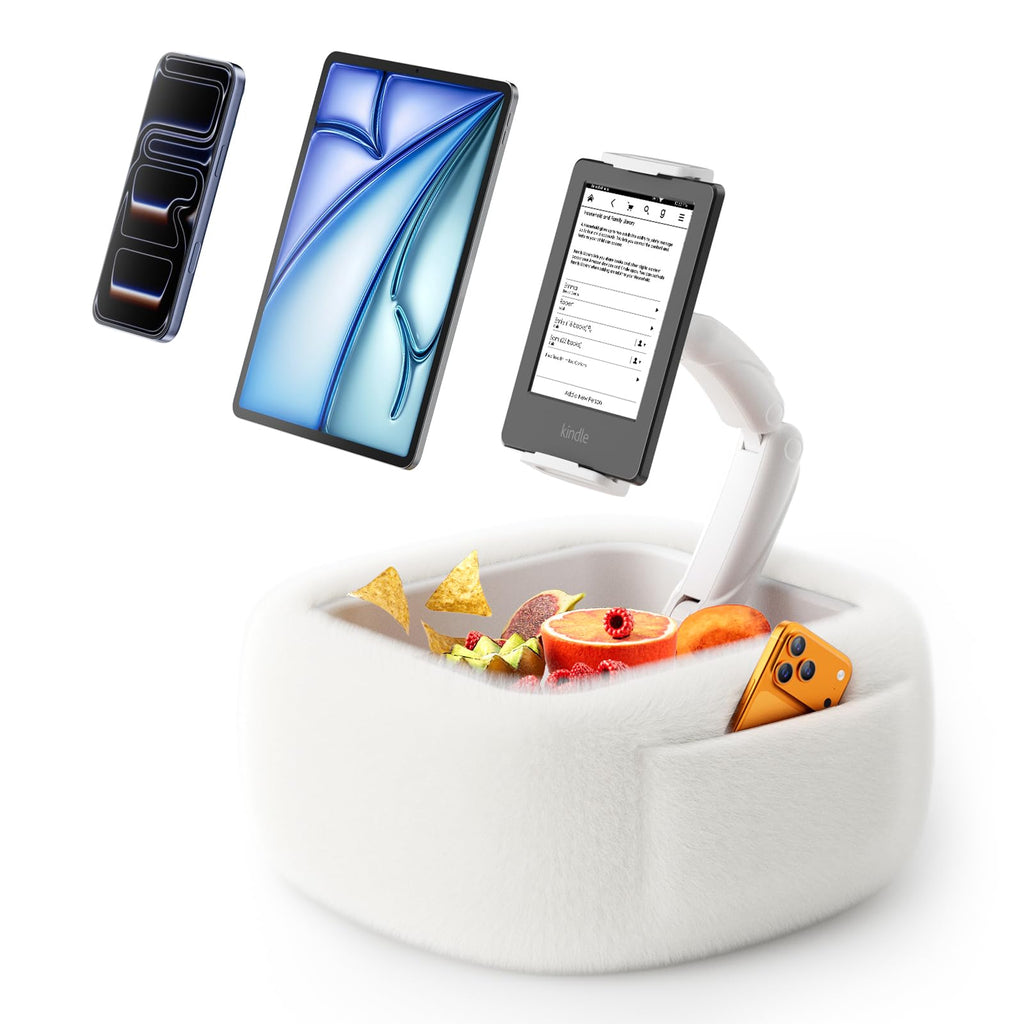 LULULOOK Tablet Pillow Stand, Compatible with iPad, iPhone and 4.7-14.6”Tablet, 360° Adjustable Kindle Pillow Stand for Bed with Ultra Fluffy Fabric & Snack Bowl (Cloudy White)