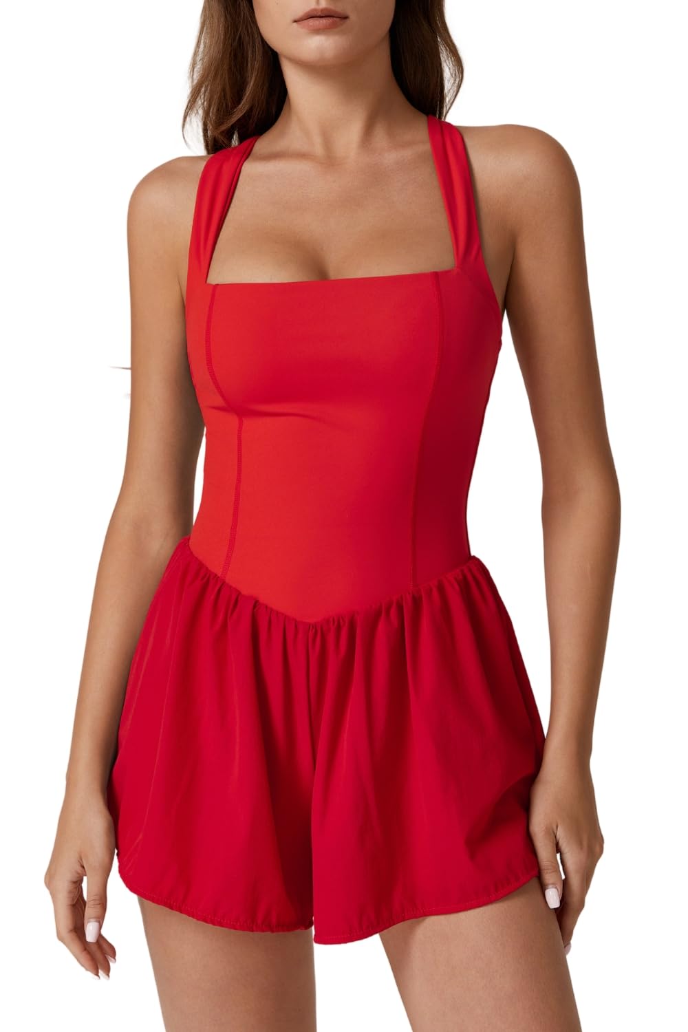 QINSEN Women's Square Neck Sleeveless Romper Jumpsuit Casual Summer One Piece Outfit with Pocket