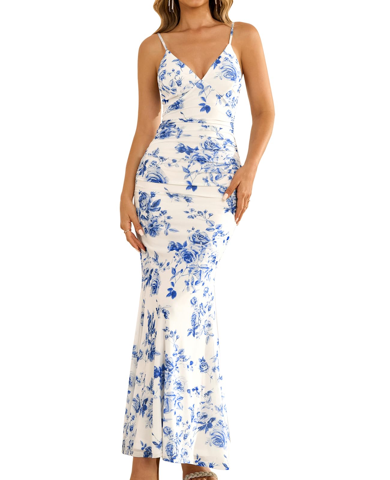 GLNEGE Women's Floral Wedding Guest Formal Maxi Dress Bodycon Spaghetti Strap V Neck Elegant Cocatail Dresses