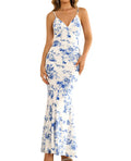 GLNEGE Women's Floral Wedding Guest Formal Maxi Dress Bodycon Spaghetti Strap V Neck Elegant Cocatail Dresses