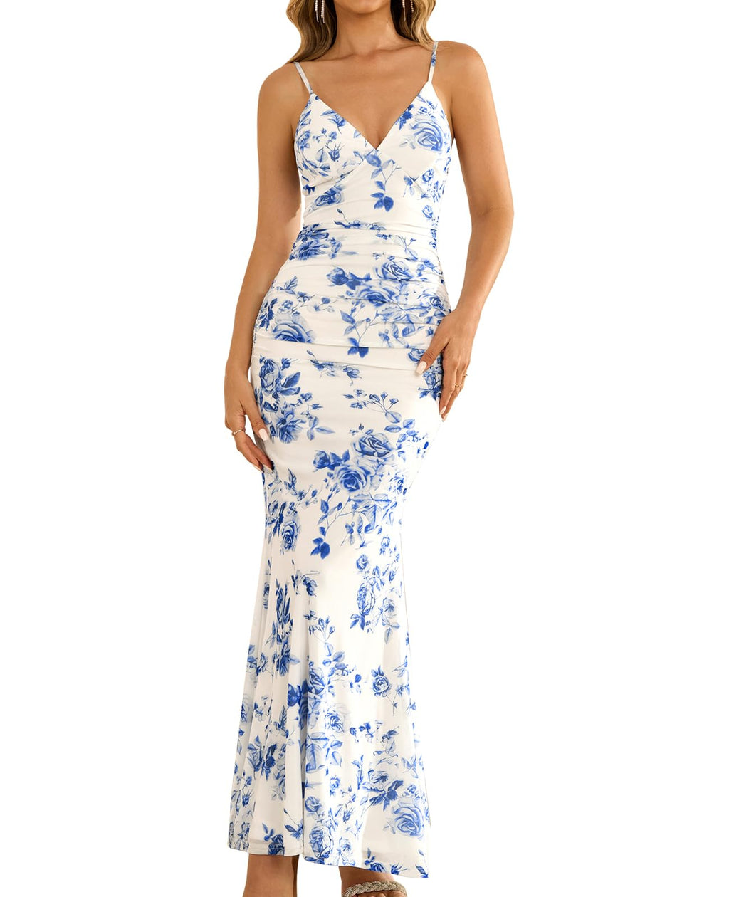 GLNEGE Women's Floral Wedding Guest Formal Maxi Dress Bodycon Spaghetti Strap V Neck Elegant Cocatail Dresses