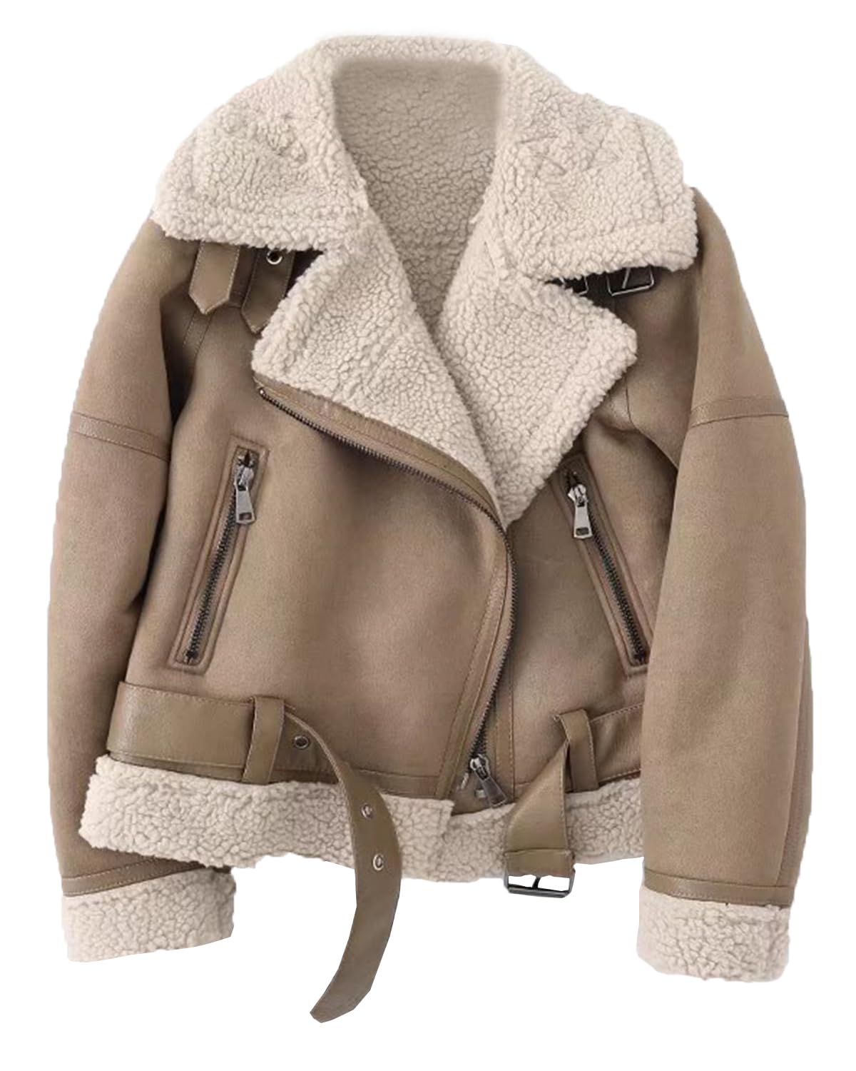LY VAREY LIN Women's Faux Shearing Moto Jacket Thick Lined Parka Winter Shearling Coat Leather Jacket