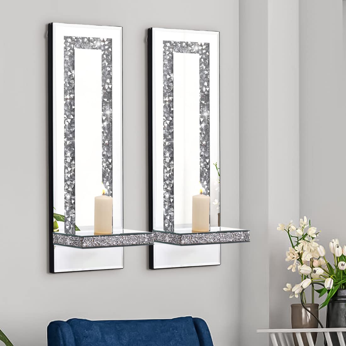 Aeveco Crystal Crush Diamond Mirrored Candle Sconces, Silver Wall Candle Holder Set of 2, Wall Decorations for Living Room，Dining Room (Rectangle (Style 4))