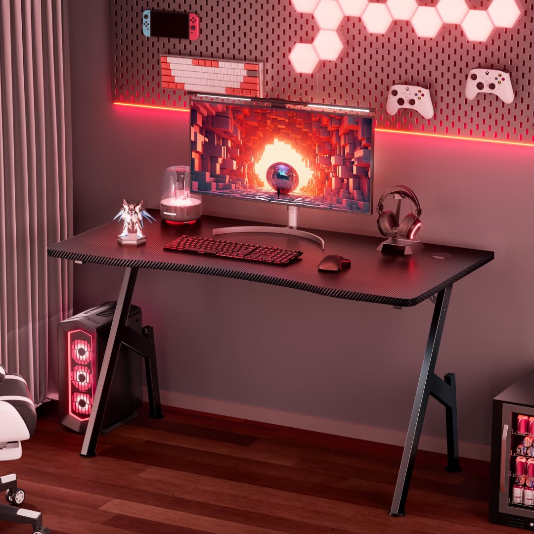 HLDIRECT 40 Inch Gaming Desk, Small Computer Gaming Desk Table with Cable Management, Ergonomic A Shape Modern Carbon Fiber Gamer Table Pc Workstation Home Office Desks for Small Space, Black