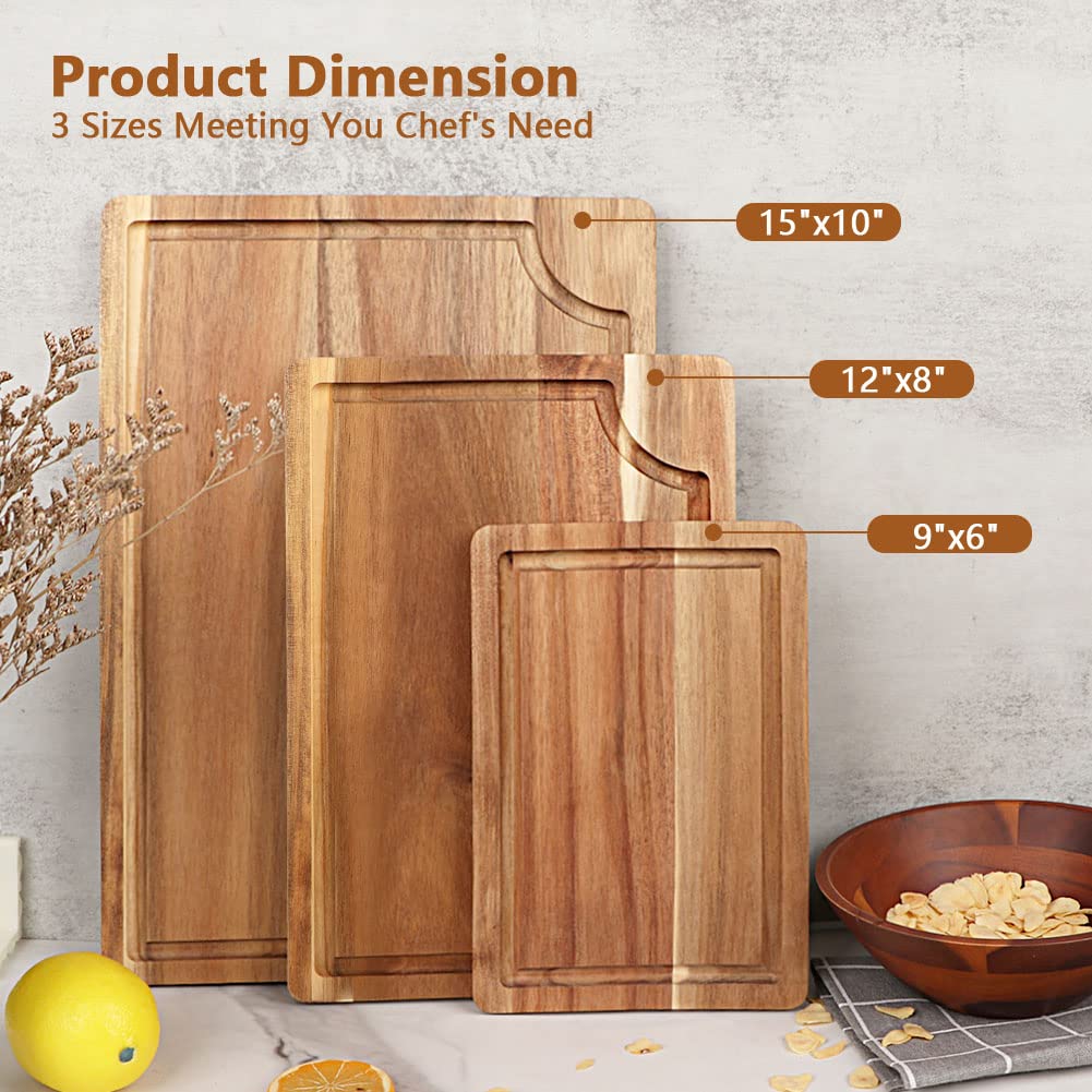AIDEA Wood Cutting Board, Wooden Cutting Boards for Kitchen, Acacia Wood Chopping Board Set of 3 with Deep Juice Groove, for Meat, Vegetables, and Fruit
