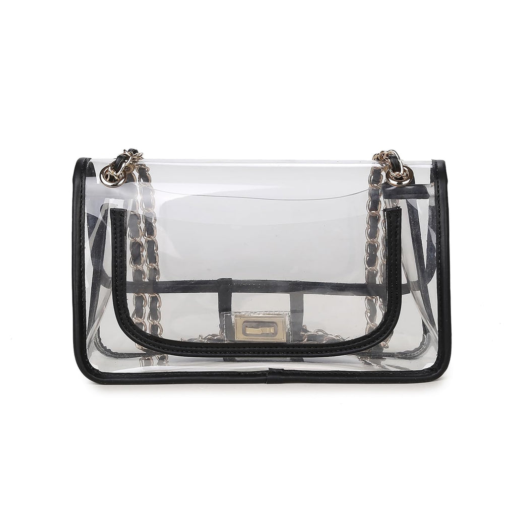 Womens PVC Clear Purse Handbag with Chain Stadium Approved Clear Bag See Through Bag for Working and Concert