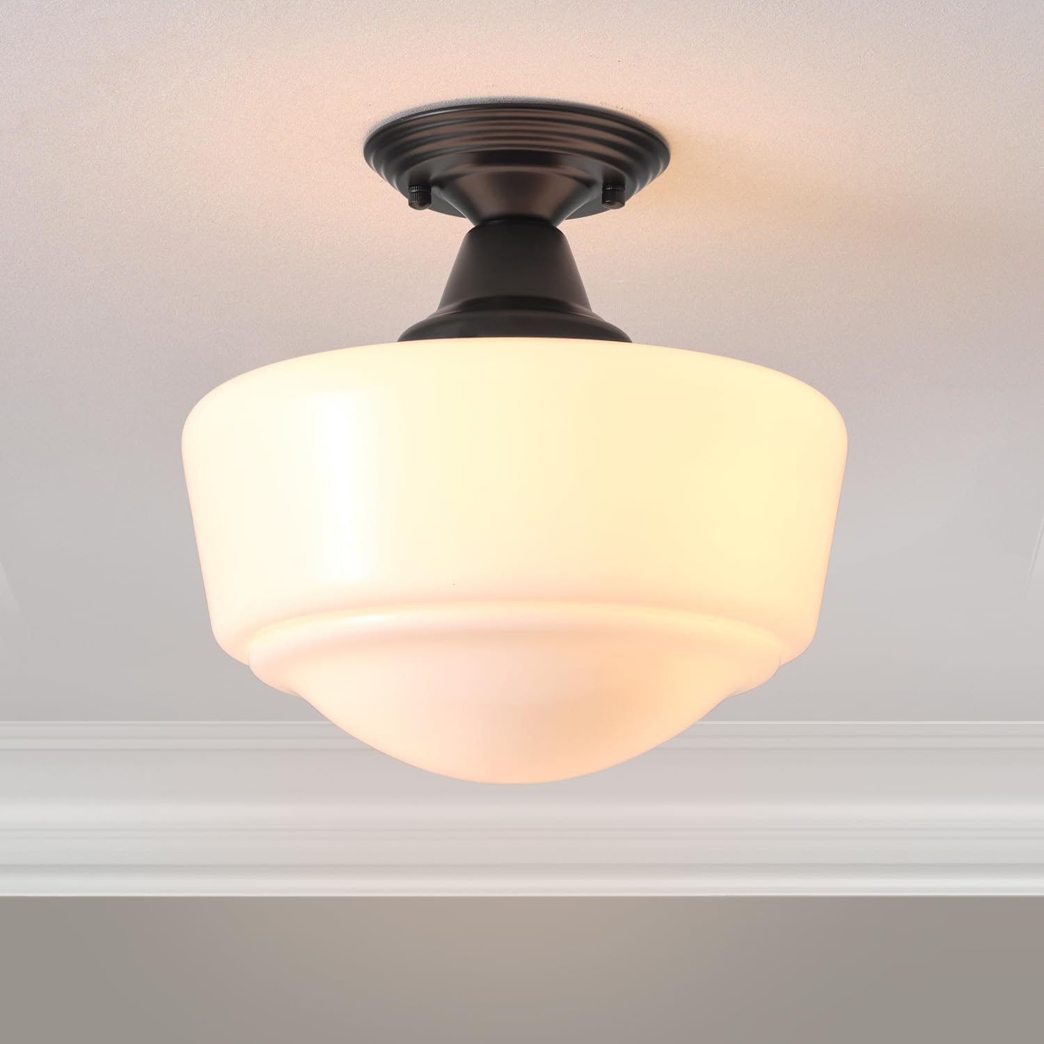 Schoolhouse Light Fixture, 12 Inch Black Finish with Milk Glass Semi Flush Mount Ceiling Light, Ceiling Light Fixture for Kitchen Hallway Entryway (Type C Pendant Light)