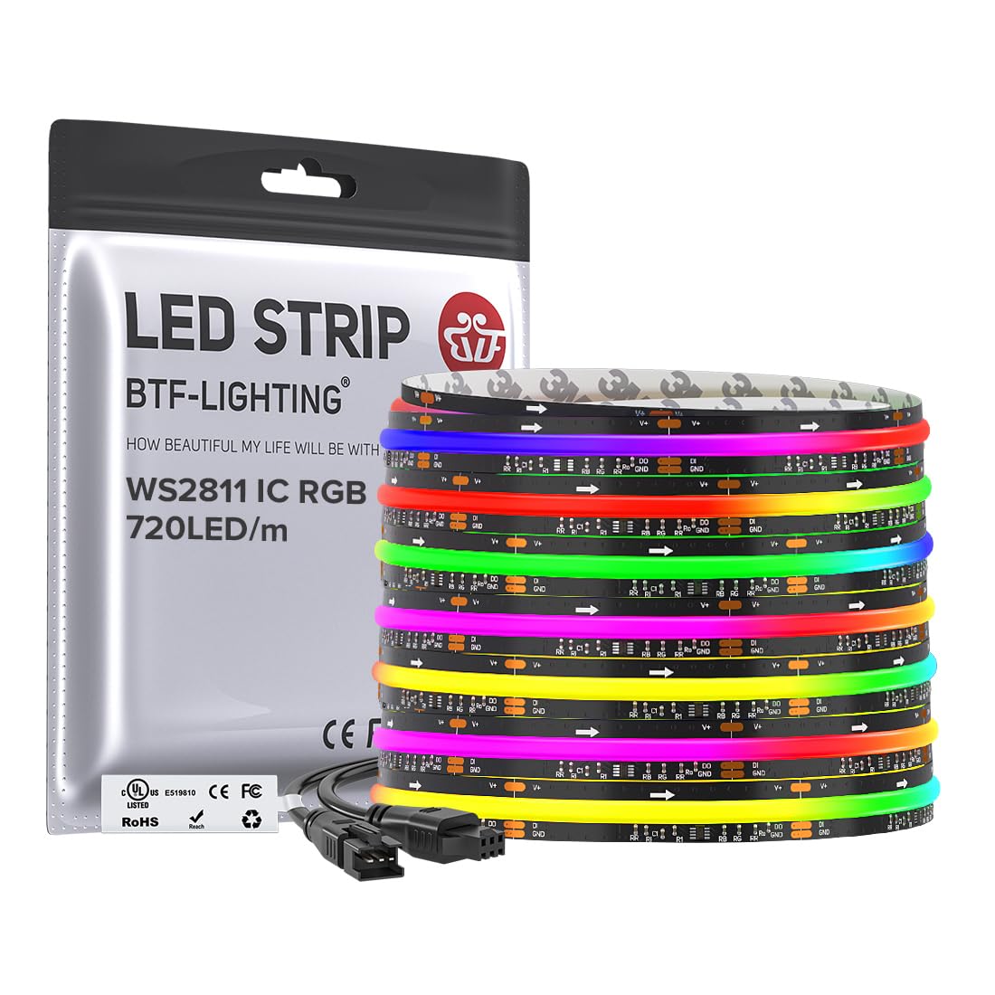 BTF-LIGHTING WS2811 Smart IC RGB FCOB COB LED Strip, UL Listed 630LEDs/m High Density Color Chasing Uniform Light, DC12V 12FT 10mm Width Tape Light for Home Party DIY Decor(No Adapter or Controller)
