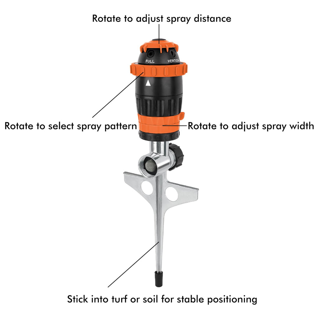 RESTMO Gear Drive Sprinkler with Metal Spike Base, 5-Pattern Heavy Duty Gardening Watering System, Multi-Adjustable Lawn Sprinkle for Garden Plant, Flower Bed and Large Yard Area Watering, Gray