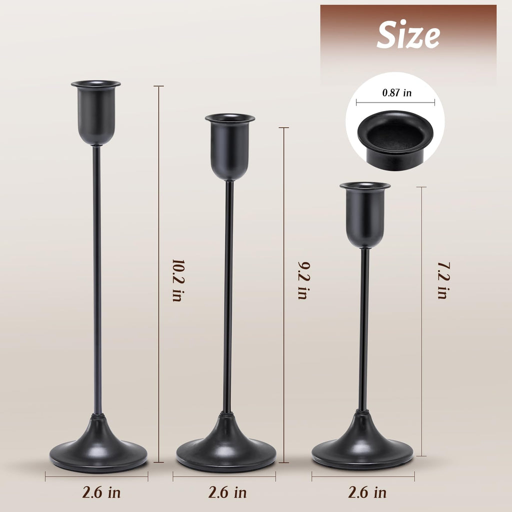 Black Hurricane Glass Candle Holders Set of 3, Tall Metal Taper Candle Stick Holder, Clear Candlestick Holders, Table Centerpieces Decor for Dining Dinner, Weddings, Christmas Fireplace Decorations