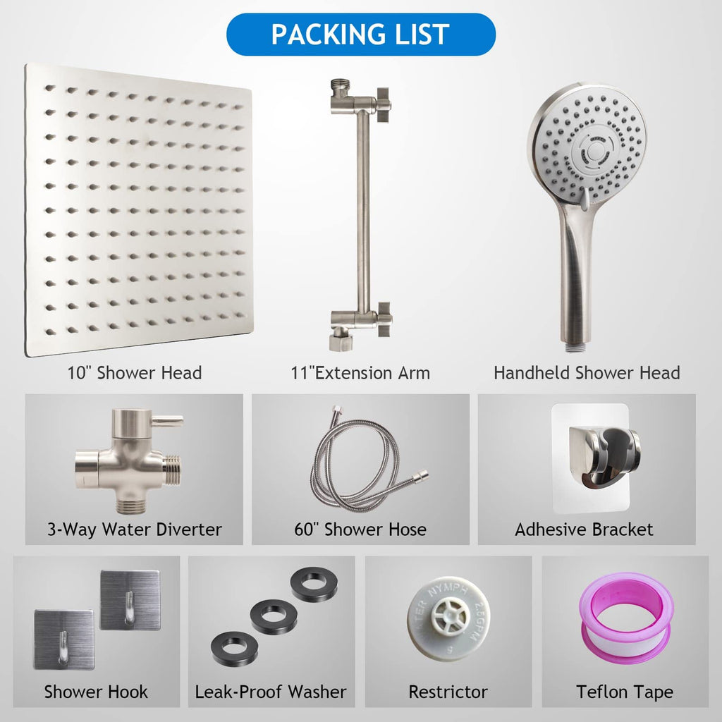 Shower Head Combo(Brushed Nickel),8 Inch High Pressure Rain Shower Head with 11 Inch Adjustable Extension Arm and 5 Settings Handheld Shower Head Combo,Powerful Shower Spray Against Low Pressure Water