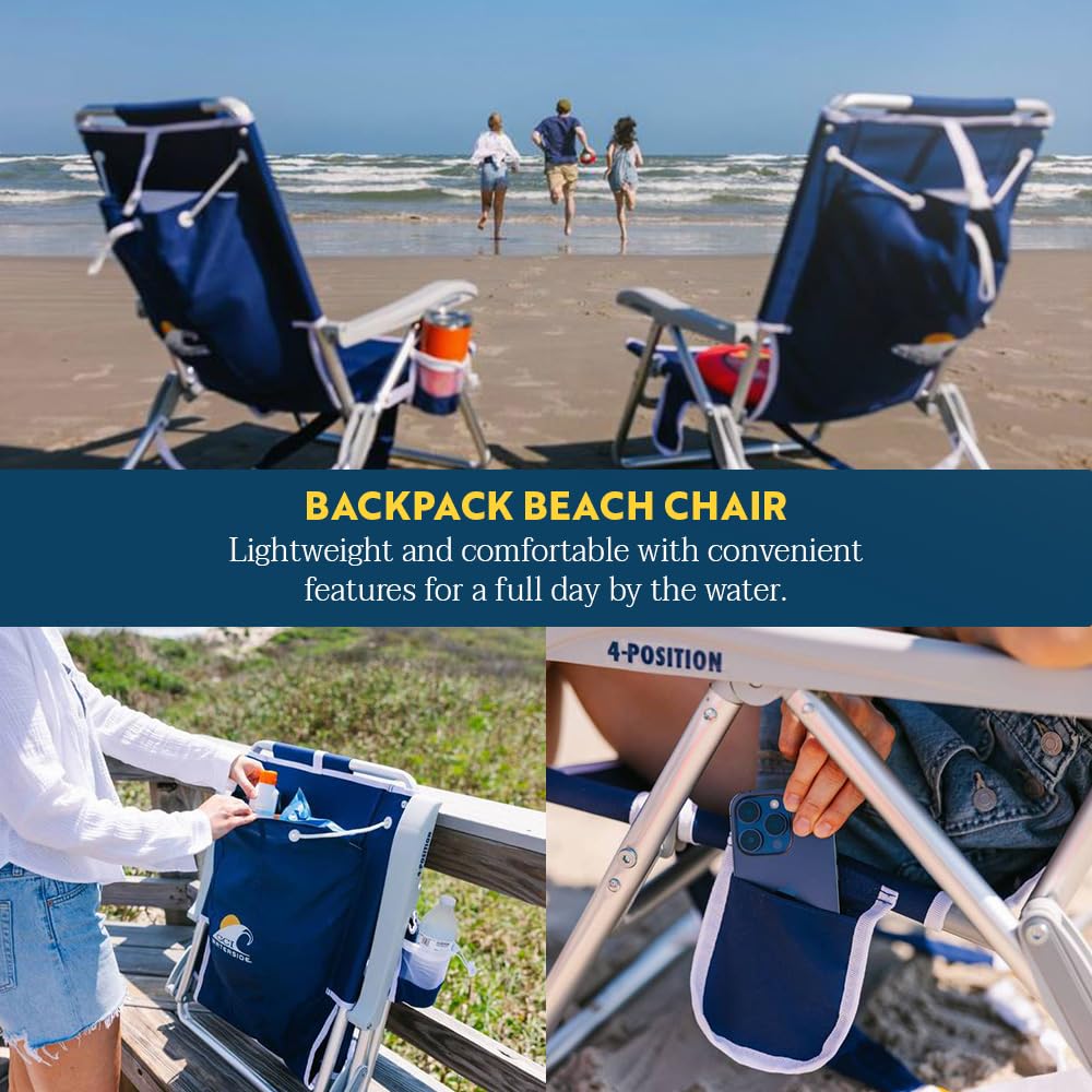 GCI Outdoor Sunshade Backpack Beach Chair | Reclining Folding Canopy Chair with Durable Armrests, Drink Holder & Carry Straps, Perfect for Beach Trips & Picnics — Saybrook Blue