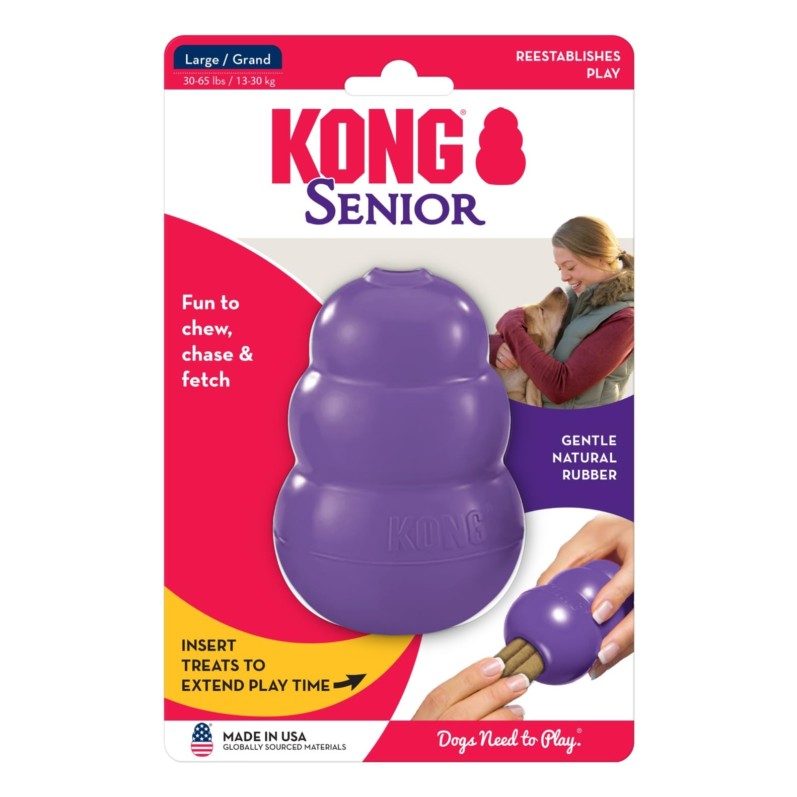 KONG Senior - Dog Toy with Gentle, Natural Rubber - Durable Dog Toy for Older Dogs - Use Treats with Stuffable Chew Toy - Treat Toy for Chewing & Fetching - for Small Dogs