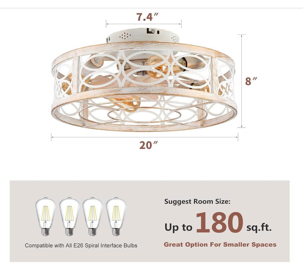 20" Boho Rattan Caged Ceiling Fan with Light,Low Profile Flush Mount Bladeless Ceiling Fan with Remote Control, 6 Speeds Reversible Silent Motor, Farmhouse Fabric Fandalier for Bedroom,Living Room