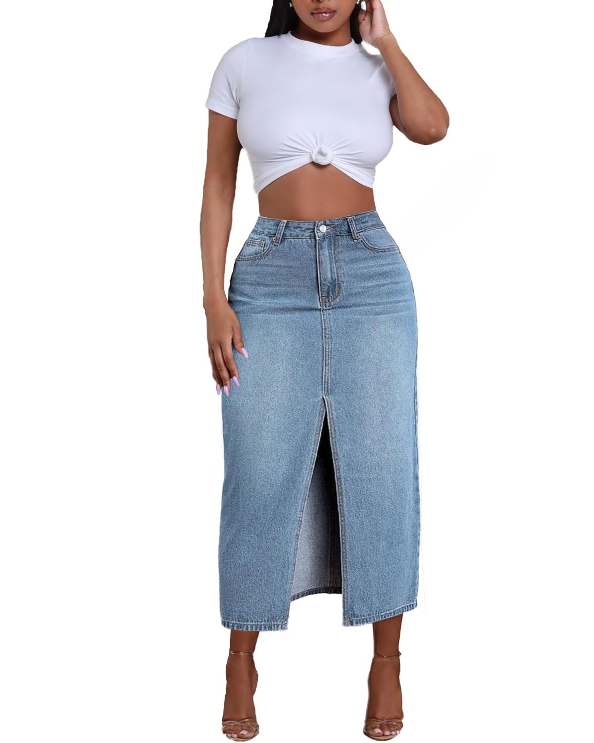 Jean Skirt for Women Denim Skirt High Waist Stretch Midi Denim Skirts with Pockets