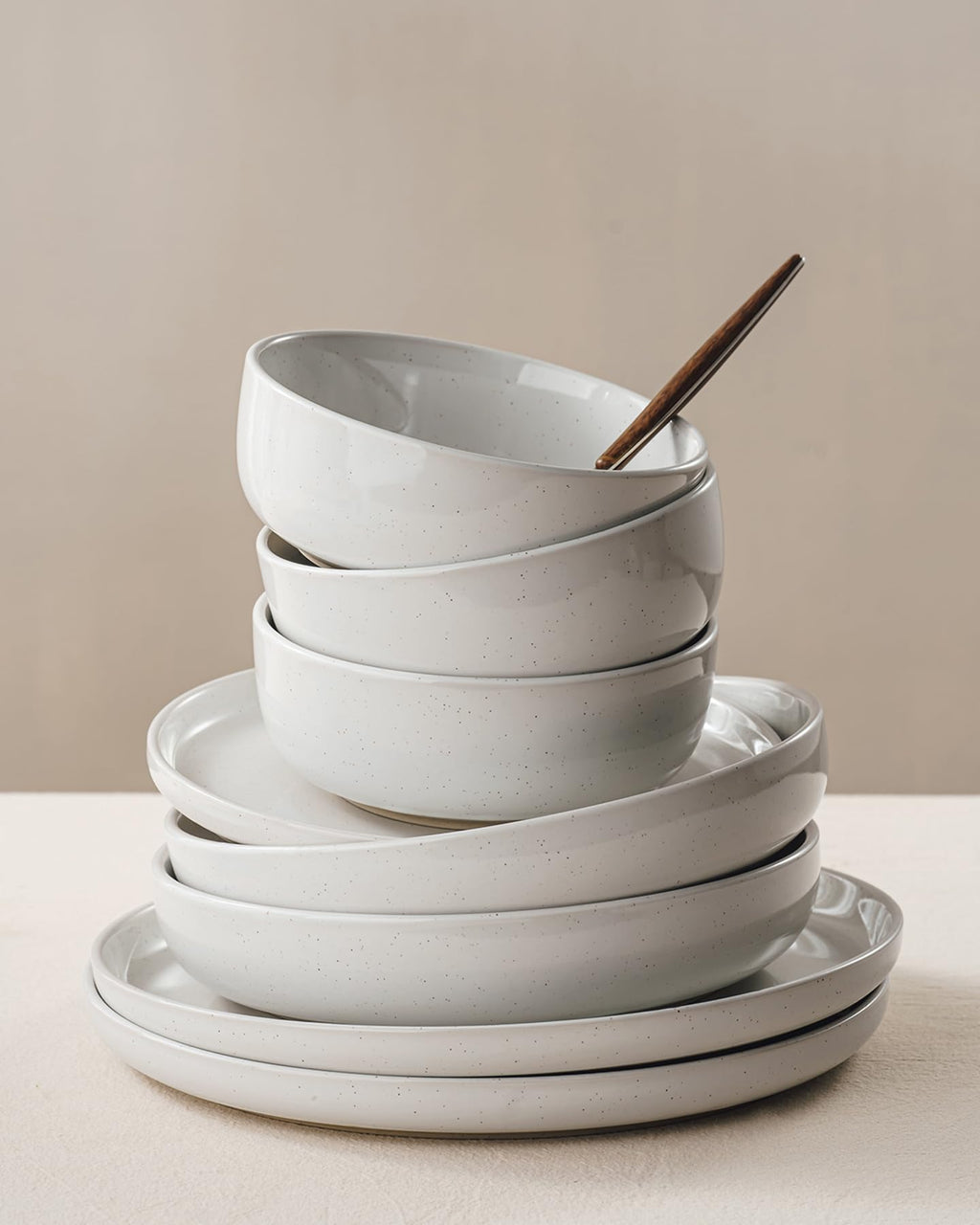 Famiware Pluto Stoneware Dinnerware Sets, 12-Piece Double Reactive Glaze Plates and Bowls Sets, Dishware Sets for Everyday & Formal Dining, Irregular Edge Dishes, Service for 4, Matte Beige White