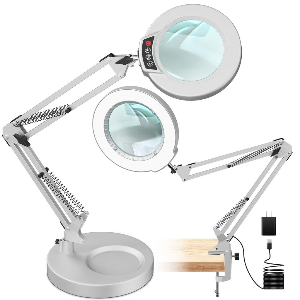 12X Magnifying Glass with Light and Stand, Real Glass, 5 Color Modes, Brightness Stepless Dimmable Lighted Magnifier Hands Free, 2-in-1 Desk Lamp & Clamp Light, Magnifier Lamp for Close Work, Reading