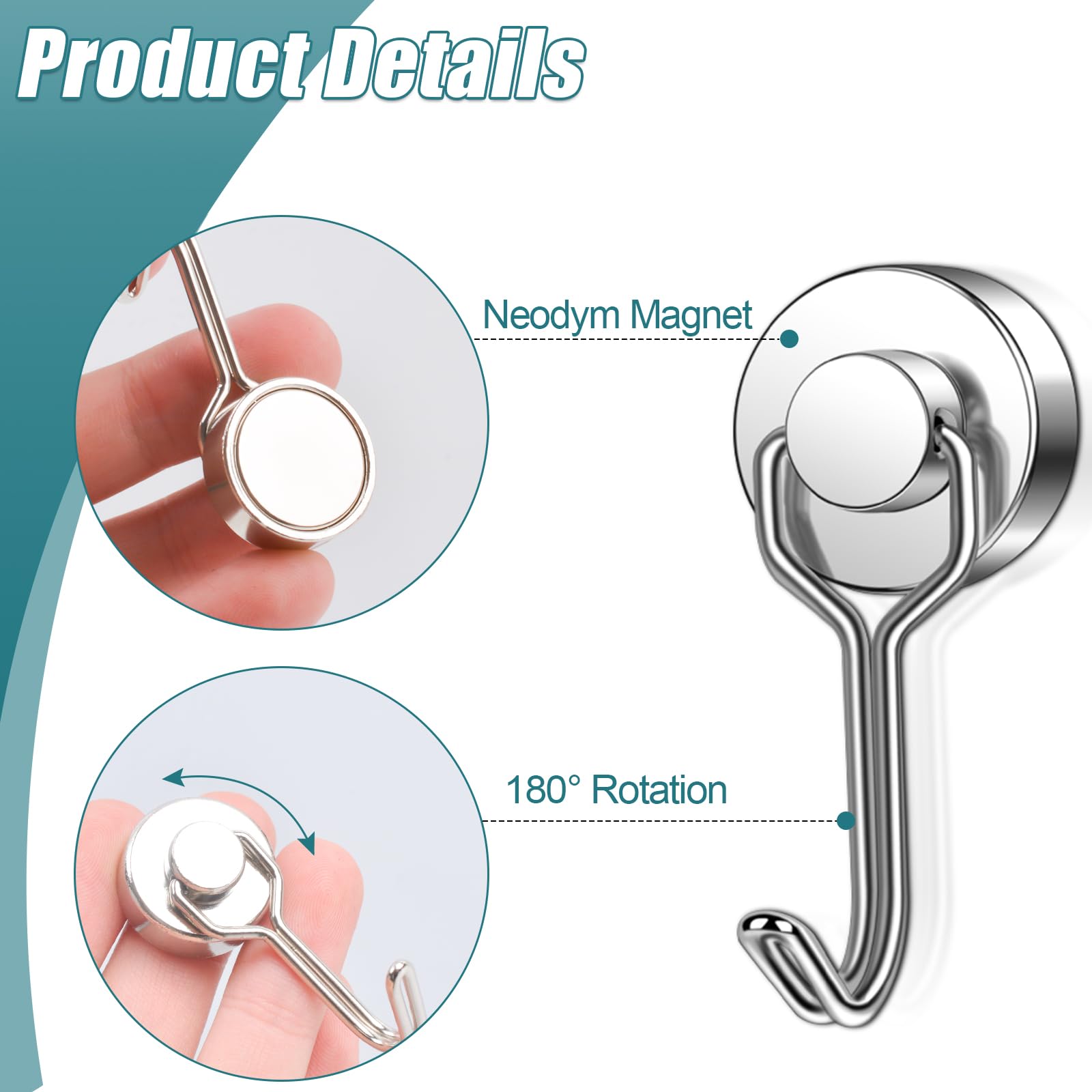 MAGXCENE 50 Pcs Magnetic Hooks Heavy Duty, 3 Different Size Strong Rare Earth Magnet Hooks for Hanging, Refrigerator, Neodymium Magnets with Hooks for Grill Kitchen Tool Storage