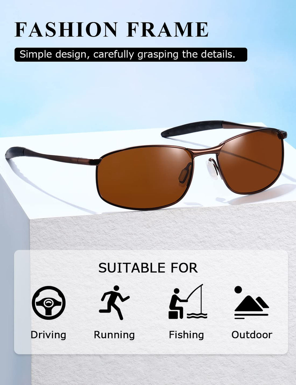 AEVOGUE Polarized Sunglasses For Men Rectangle Metal Frame Retro Sun Glasses AE0395
