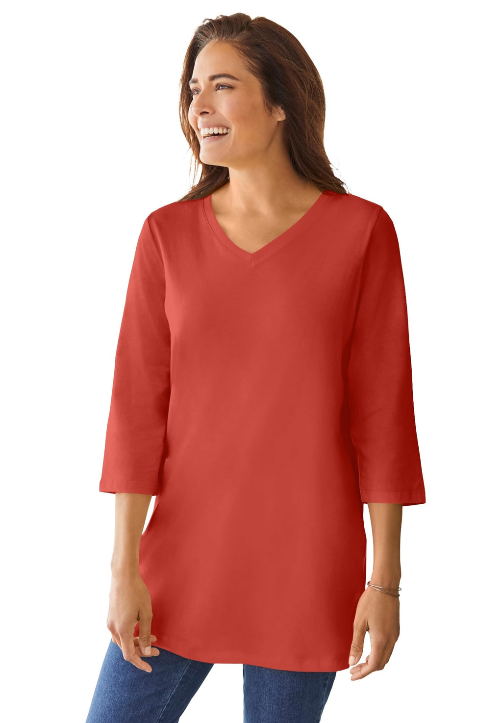 Woman Within Plus Size Perfect Three-Quarter Sleeve V-Neck Tunic