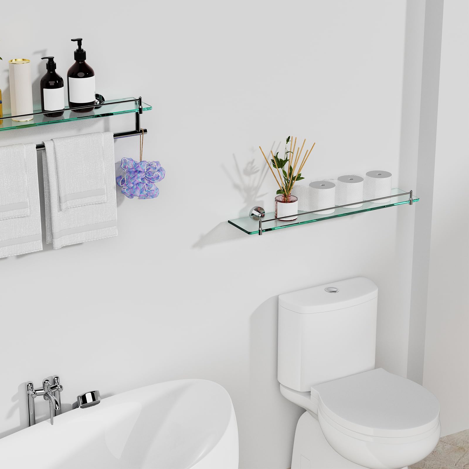 Glass Bathroom Shelves,Brushed Gold Floating Shelves for Wall Rectangular Modern Stainless Steel Glass Shelf for Bathroom Shelves wall Mounted 16 Inch