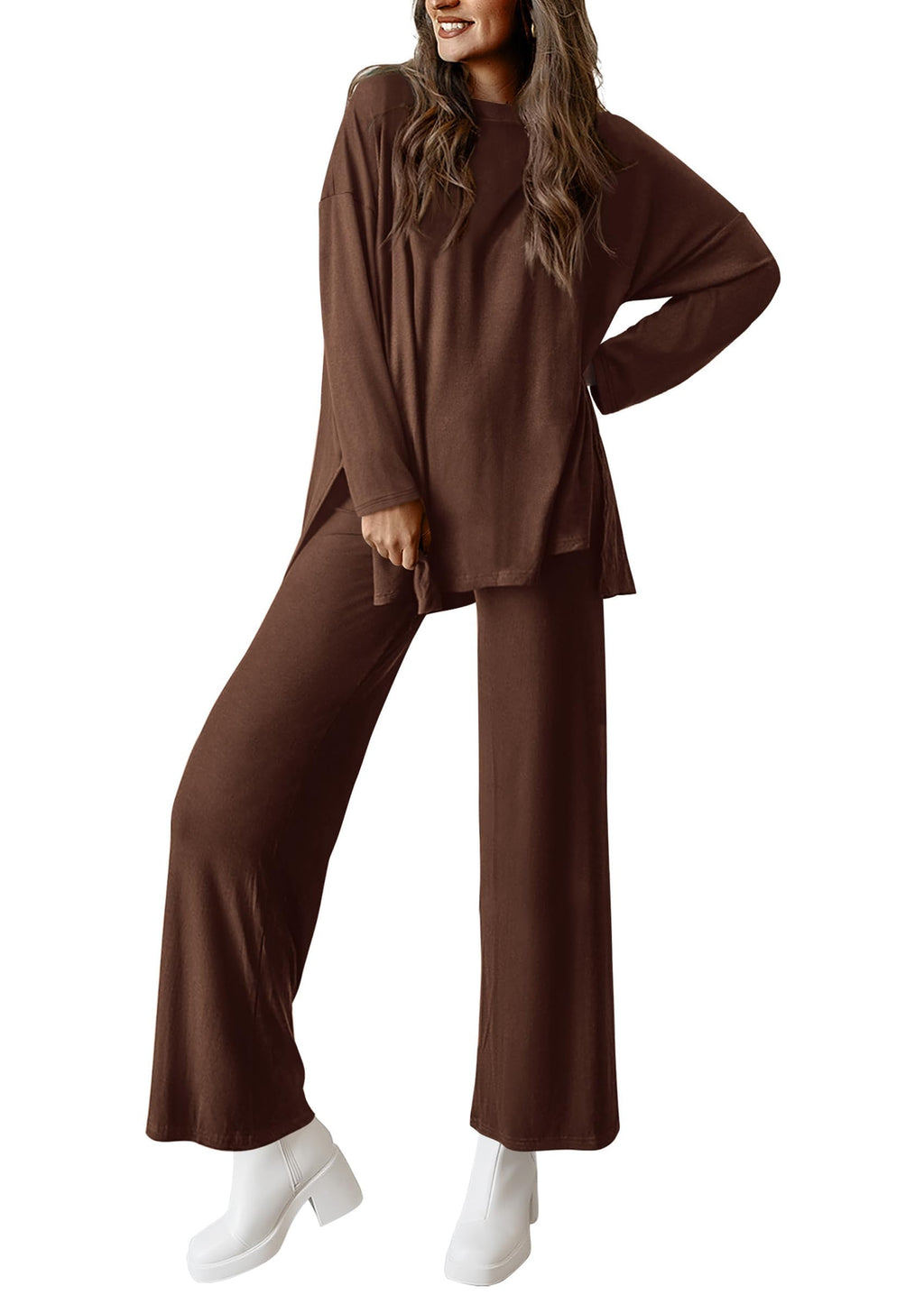 PRETTYGARDEN Women's Two Piece Lounge Sets Matching Long Sleeve Shirts Wide Leg Pants Tracksuits Travel Outfits Fall Clothes