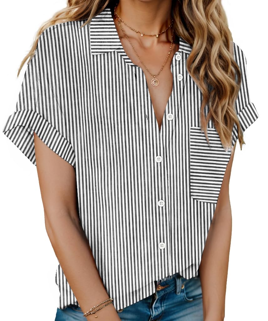 HOTOUCH Linen Shirts for Women Button Down Short Sleeve Tops Cotton Blouses Collared Button-up Beach Vacation Outfits