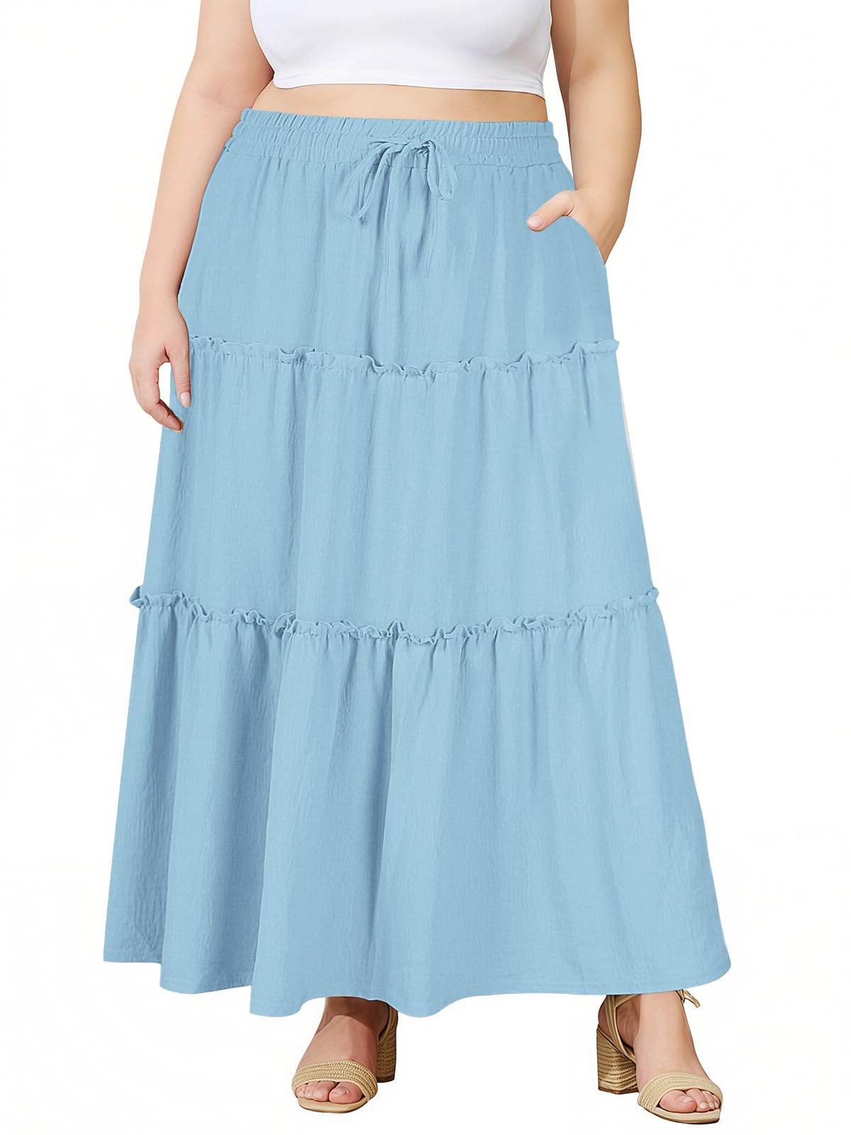 Moon Wood Plus Size Maxi Skirts for Women Trendy Long Flowy Boho Tiered Skirt Renaissance Summer Beach Skirt with Pockets