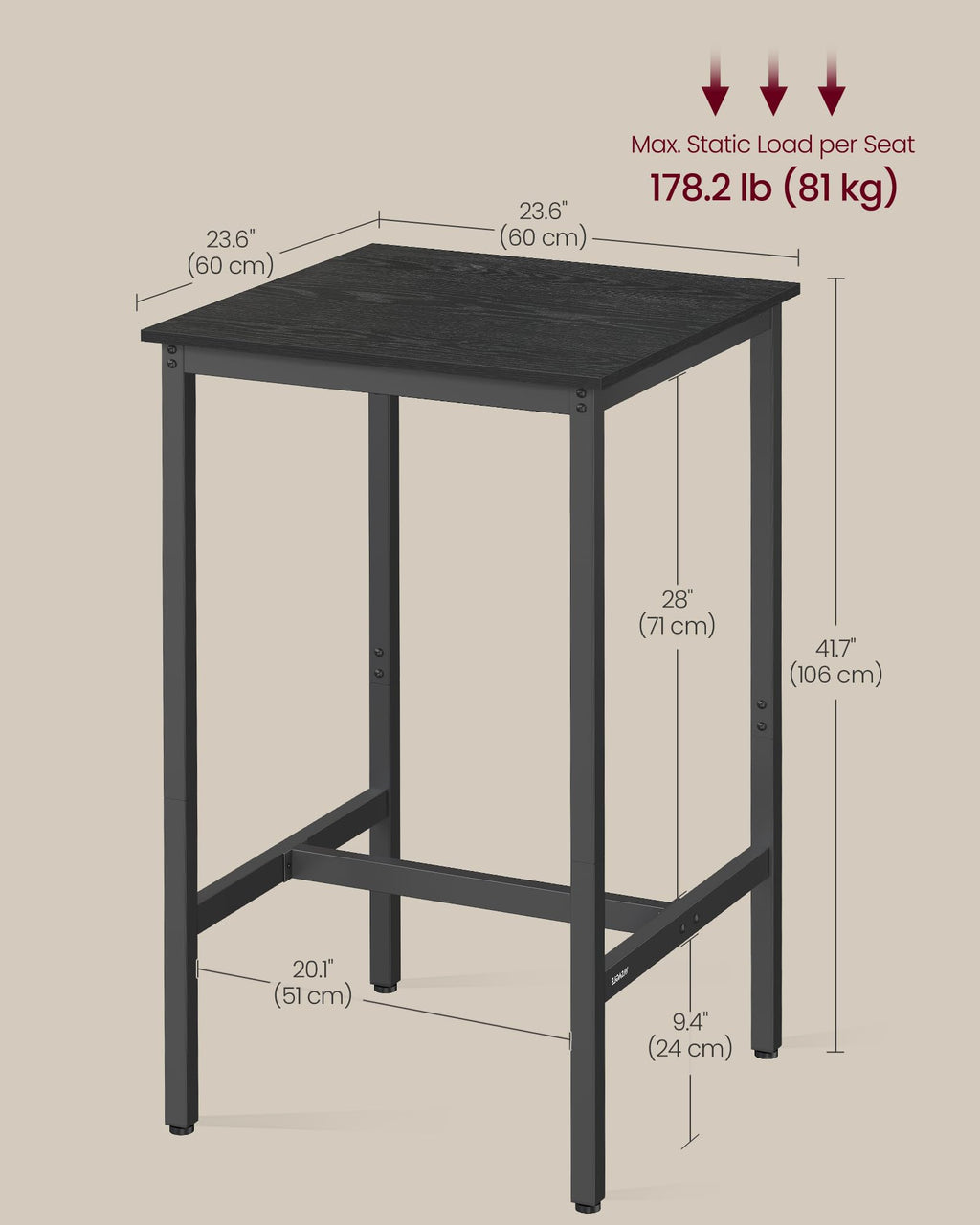 VASAGLE Bar Table, Kitchen Dining Table, High Top Pub Table, Bar Height Cocktail Table for Living Room Party, Sturdy Metal, 15.7 x 39.4 x 35.4 Inches for Narrow Spaces, Ebony Black and Ink Black