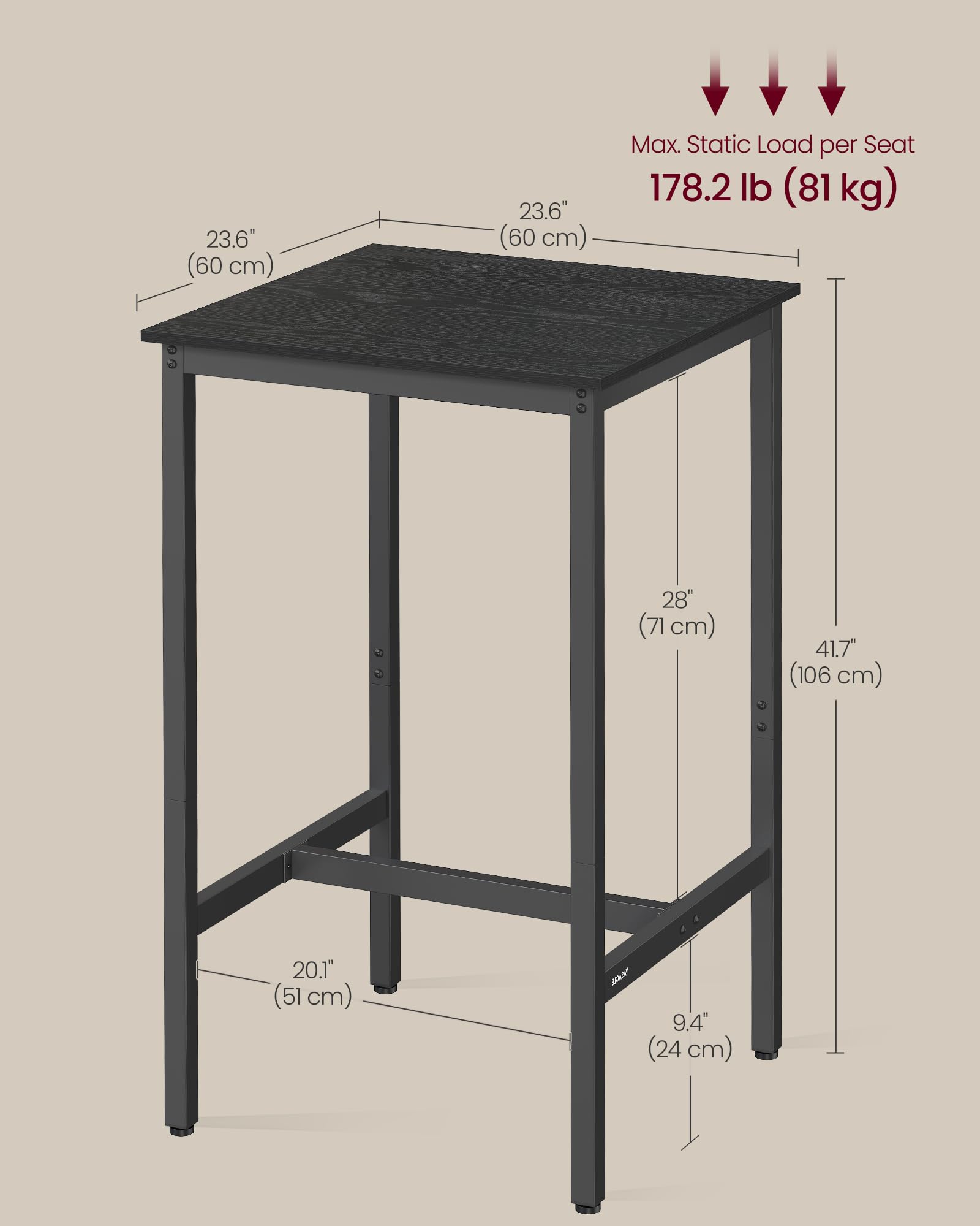 VASAGLE Bar Table, Kitchen Dining Table, High Top Pub Table, Bar Height Cocktail Table for Living Room Party, Sturdy Metal, 15.7 x 39.4 x 35.4 Inches for Narrow Spaces, Ebony Black and Ink Black