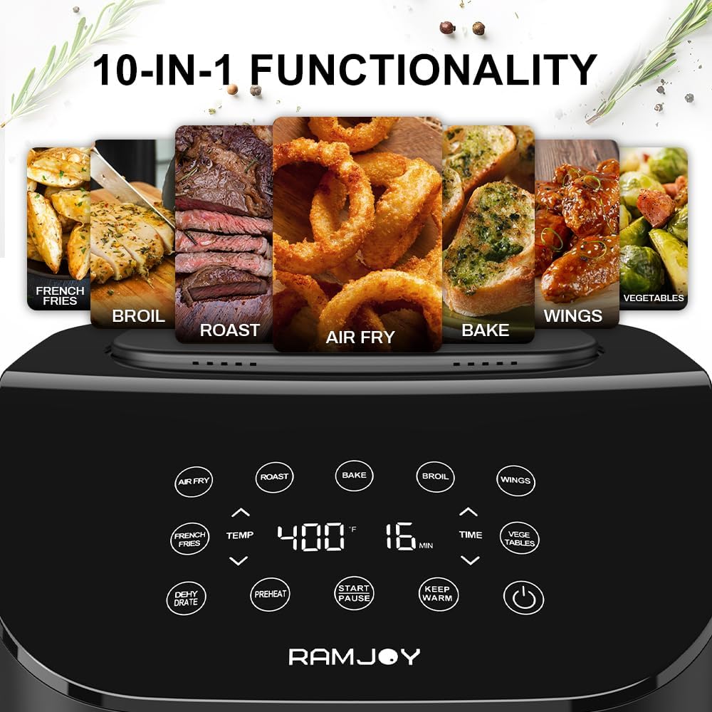 RAMJOY Air Fryer 6.8 Quarts, 10-in-1 Functions, Air Fry, Roast, Bake, Broil, Dehydrate, Large & Compact Air Fryers, Nonstick & Dishwasher-Safe Airfryer Basket, Stainless Steel Air Fryer, Metal Grey