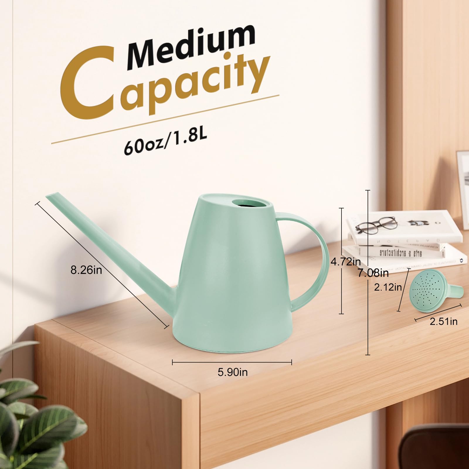 60 oz Watering Can for Indoor Plants, Small Plastic Watering Cans with Removable Nozzle, Long Spout Indoor Water Can for House Plants, Garden Flowers (1.8L 1/2 Gal)