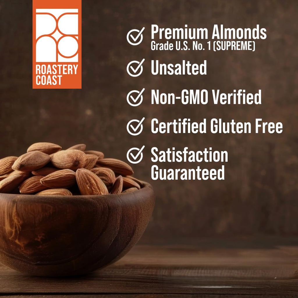 Roastery Coast - Daily Nuts Just Roasted Almonds | Almonds Bulk 3 LB | Unsalted Nuts| Slow Dry Roasted | Steam Pasteurized | Plant Protein | Gluten Free | Non-GMO | Low carb | Keto Snack | Prime Snack