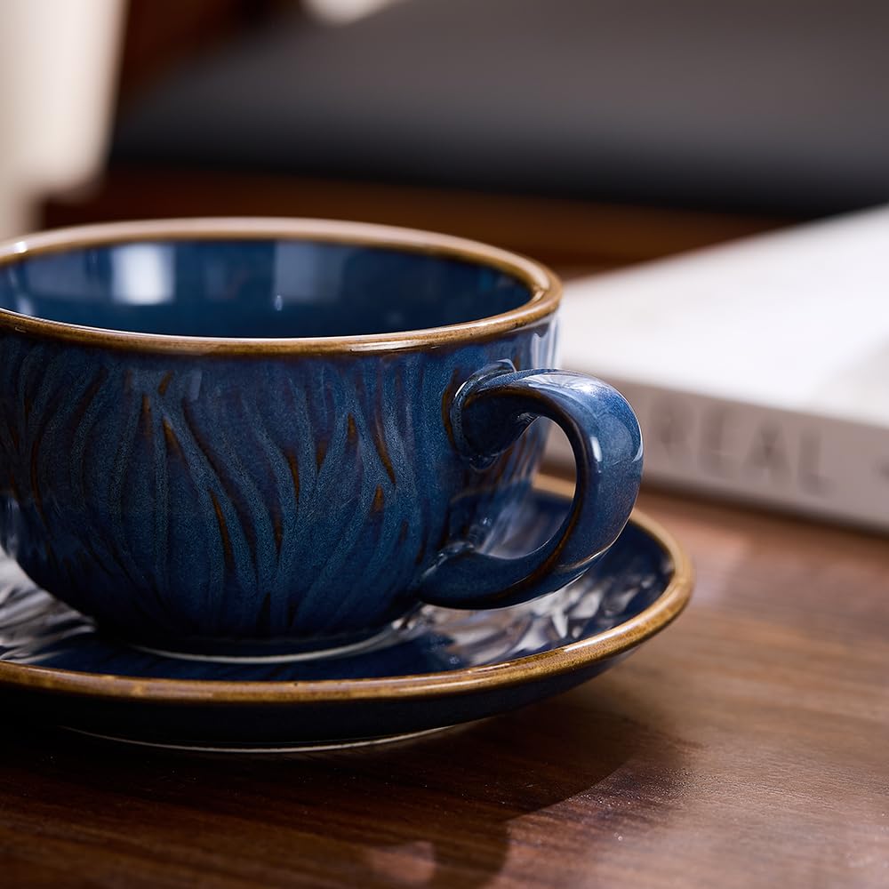 Coffeezone Vintage Design 12 oz Ceramic Latte Art Cappuccino Barista Cup with Saucer (Beige)