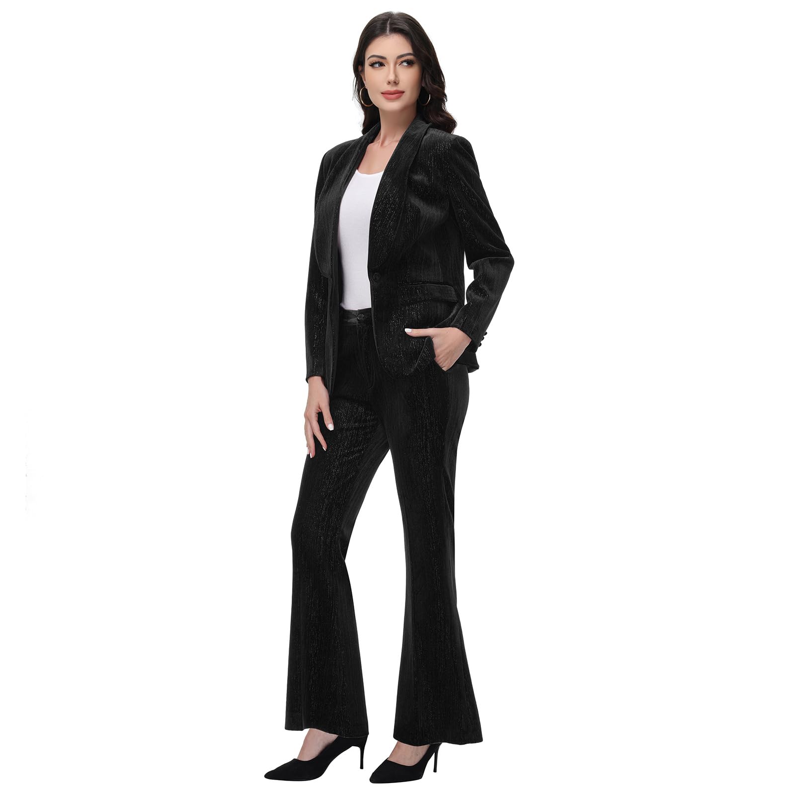 Lamgool Women Pantsuit Dressy Silver Thread Velvet 2 Piece Suit Set Blazer and Flared Pants