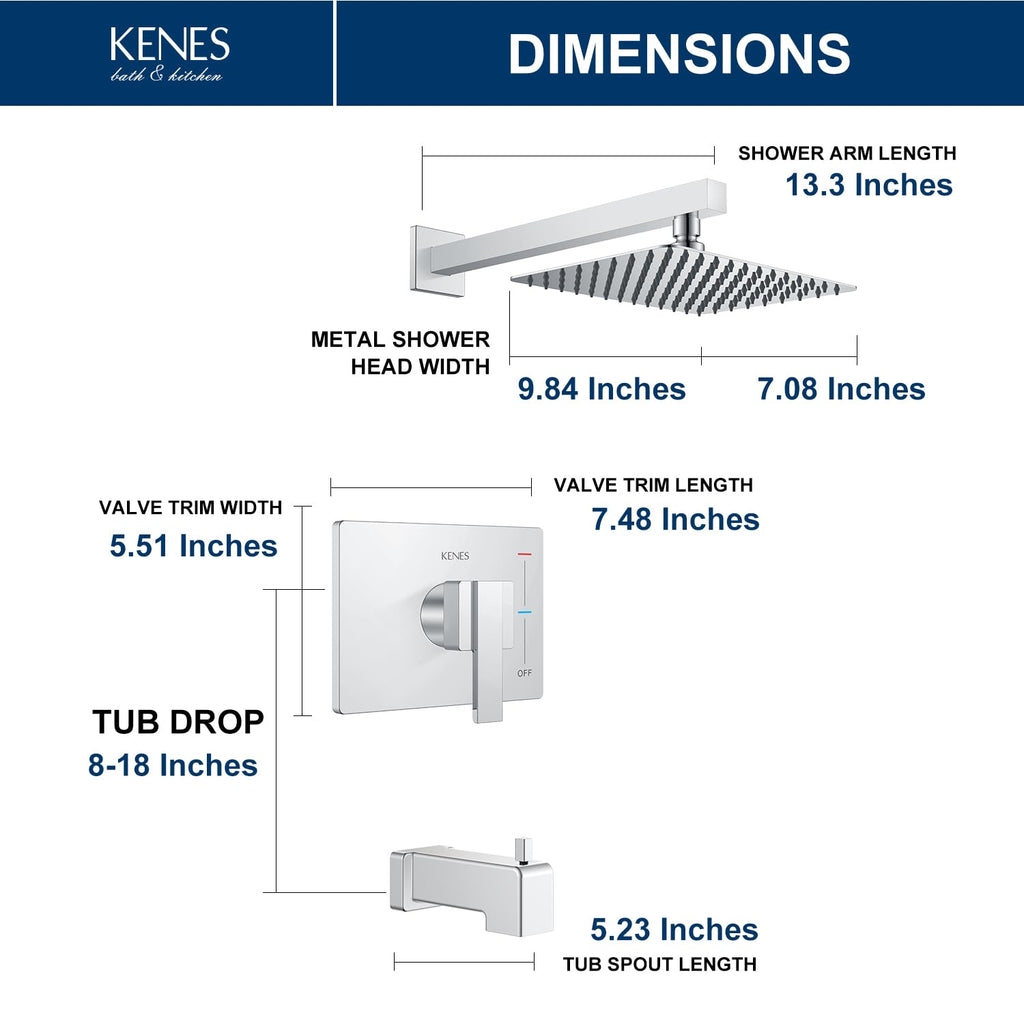KENES Brushed Nickel 10-Inch Shower Head and Handle Set, Square Shower Faucet Set Bathroom Rainfall Shower System Wall Mount, KE-6024B (Shower Valve Included)