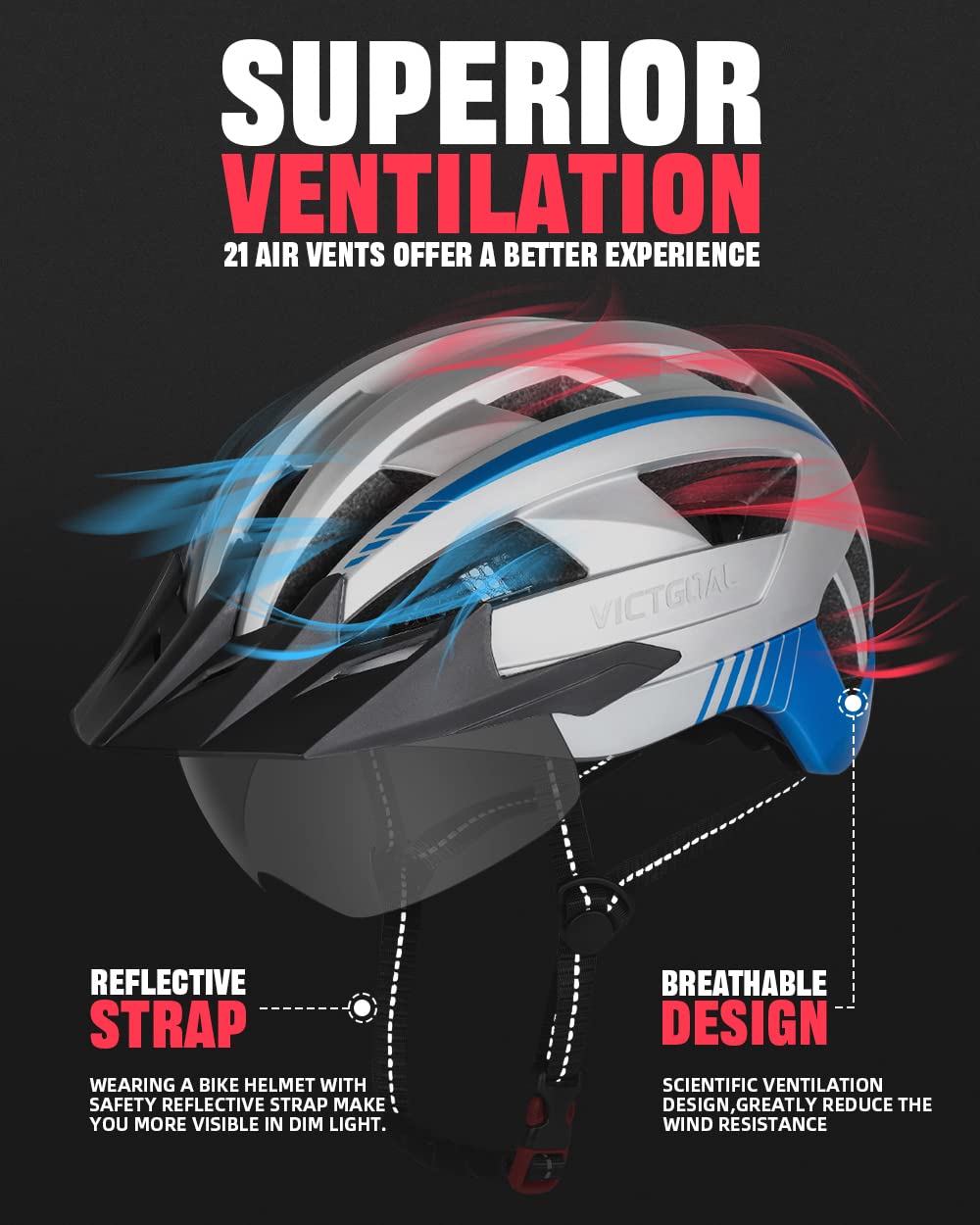 VICTGOAL Bike Helmet with USB Rechargeable Rear Light Detachable Magnetic Goggles Removable Sun Visor Mountain & Road Bicycle Helmets for Men Women Adult Cycling Helmets