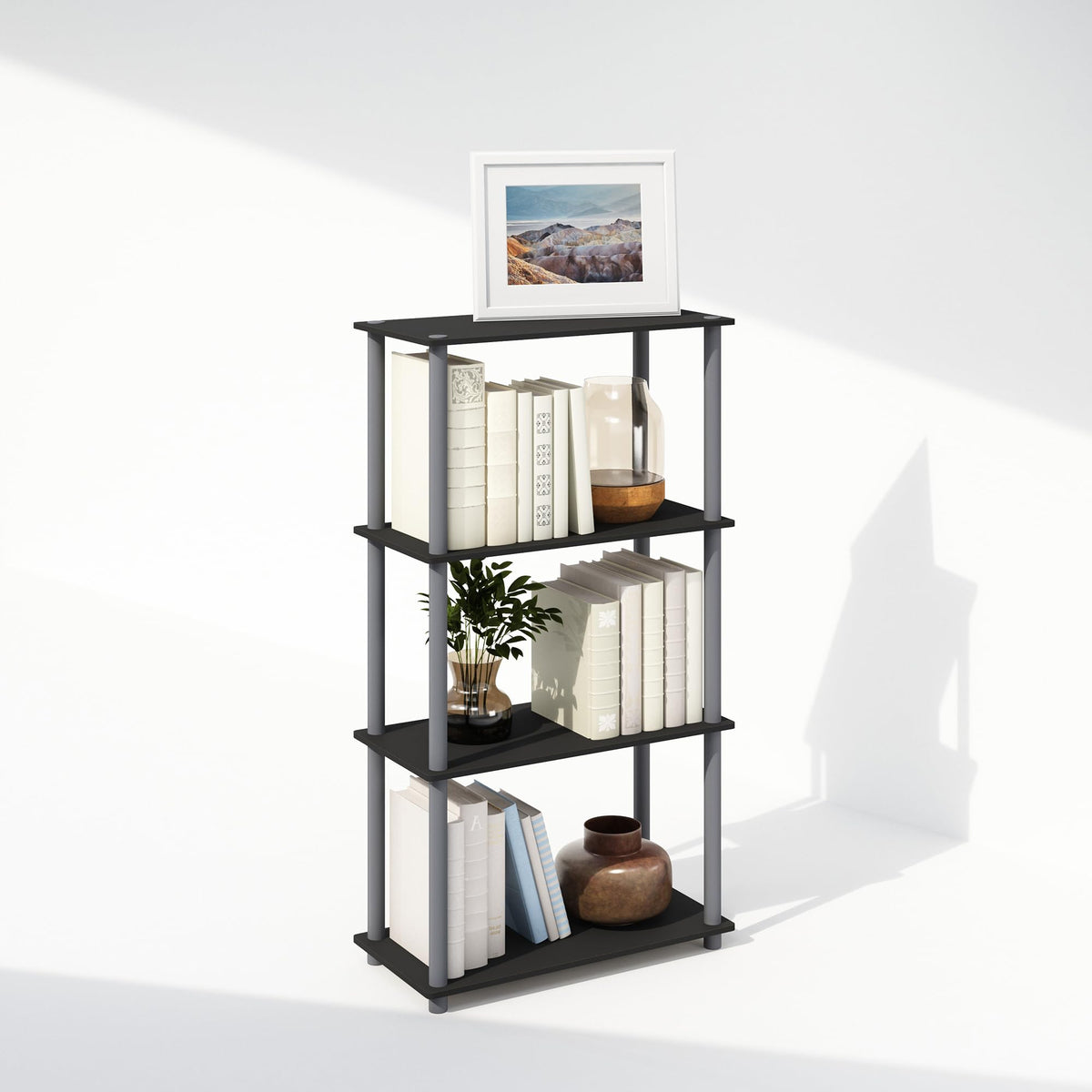 Furinno Turn-N-Tube Book Shelf, 4-Tier Bookshelf, Bookcase with Multipurpose Compact Display Rack, 11.6 x 23.6 x 43.2, for Living Room, Bedroom, Home Office, Americano/Black