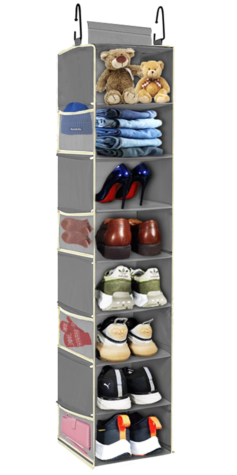 Large-Sized Hanging Shoe Organizer 8-Shelf, Hanging Closet Organizer with 8 Side Pockets, Wider Hanging Shelves for Storage Shoes Clothes 9" W × 11.8" D× 48" H, Beige.