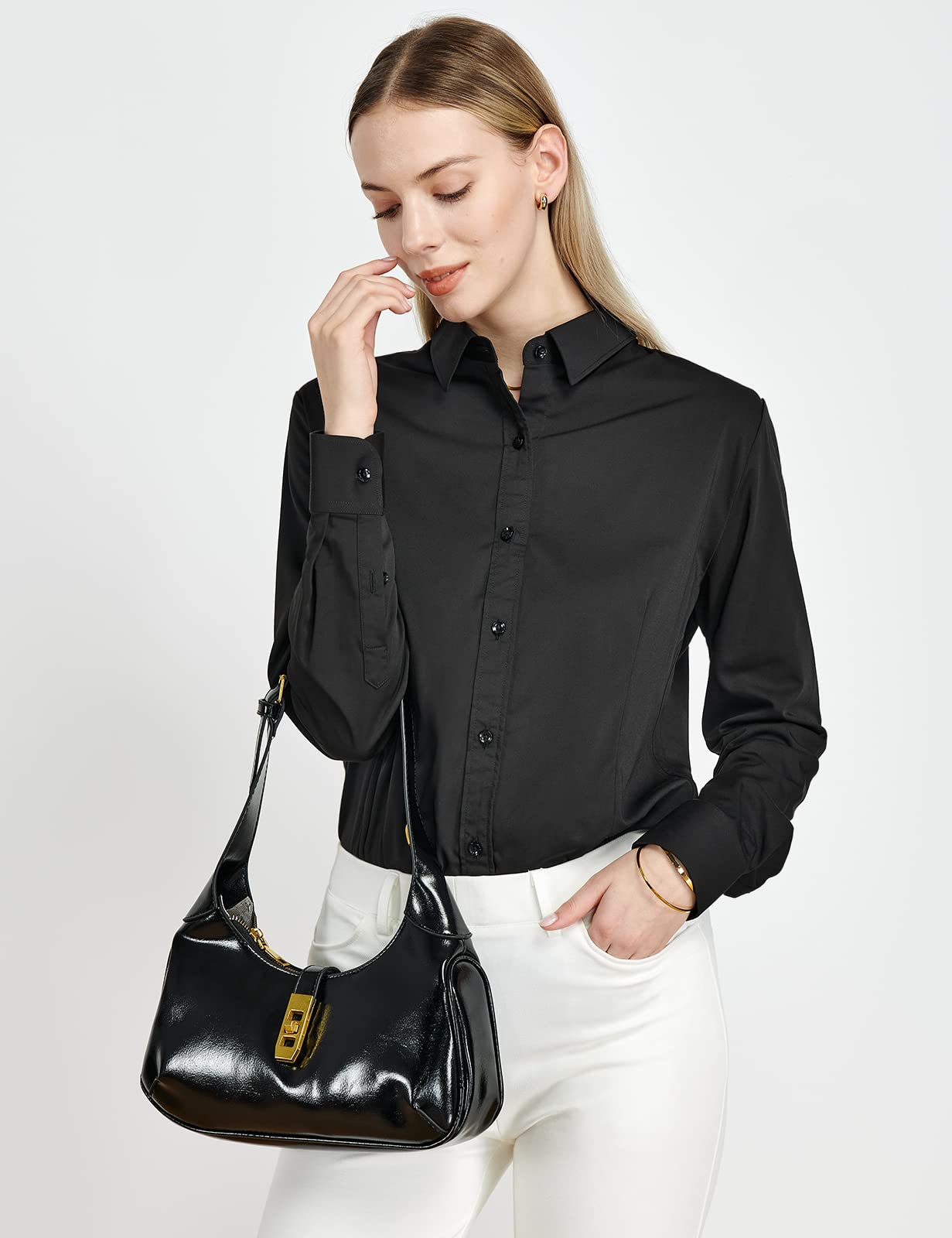 Tapata Womens Bodysuit Blouse Button Down One-Piece Long Sleeve Solid Office Work Shirt Casual Tops