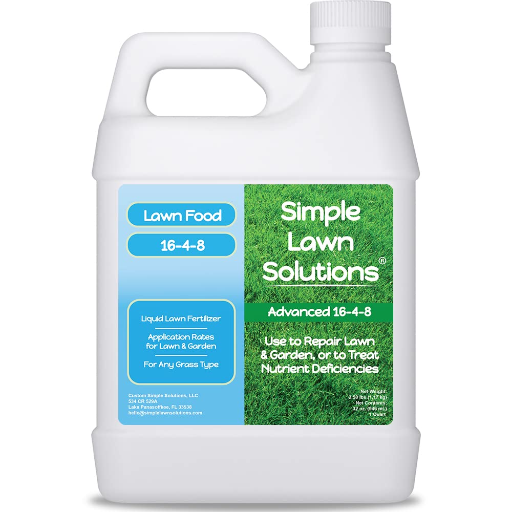 Advanced 16-4-8 Lawn Fertilizer - Liquid Lawn Food Spring & Summer Concentrated Spray - Any Grass Type- Fish and Seaweed Kelp- Balanced NPK - Simple Lawn Solutions (1 Gallon)