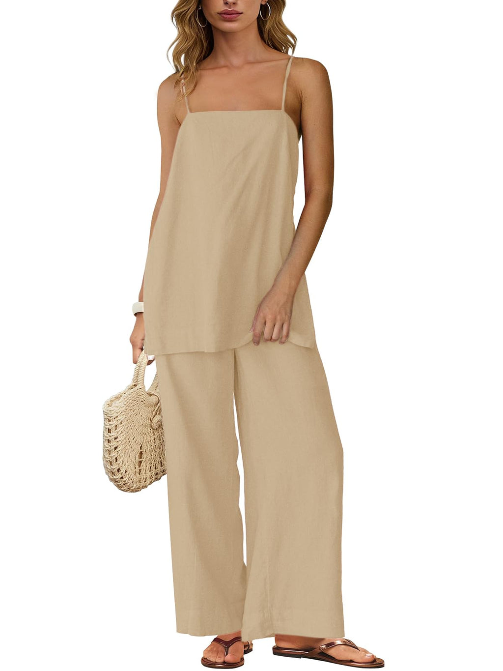 Dokuritu Linen Sets for Women 2 Piece Summer Spaghetti Strap Top Wide Leg Pant Set Beach Vacation Travel Outfits with Pockets