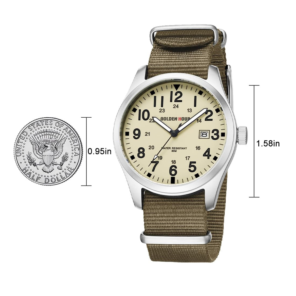 GOLDEN HOUR Men's Nylon Slip-Thru Strap Watch with Military Time Easy Read Dial Glowing Hands