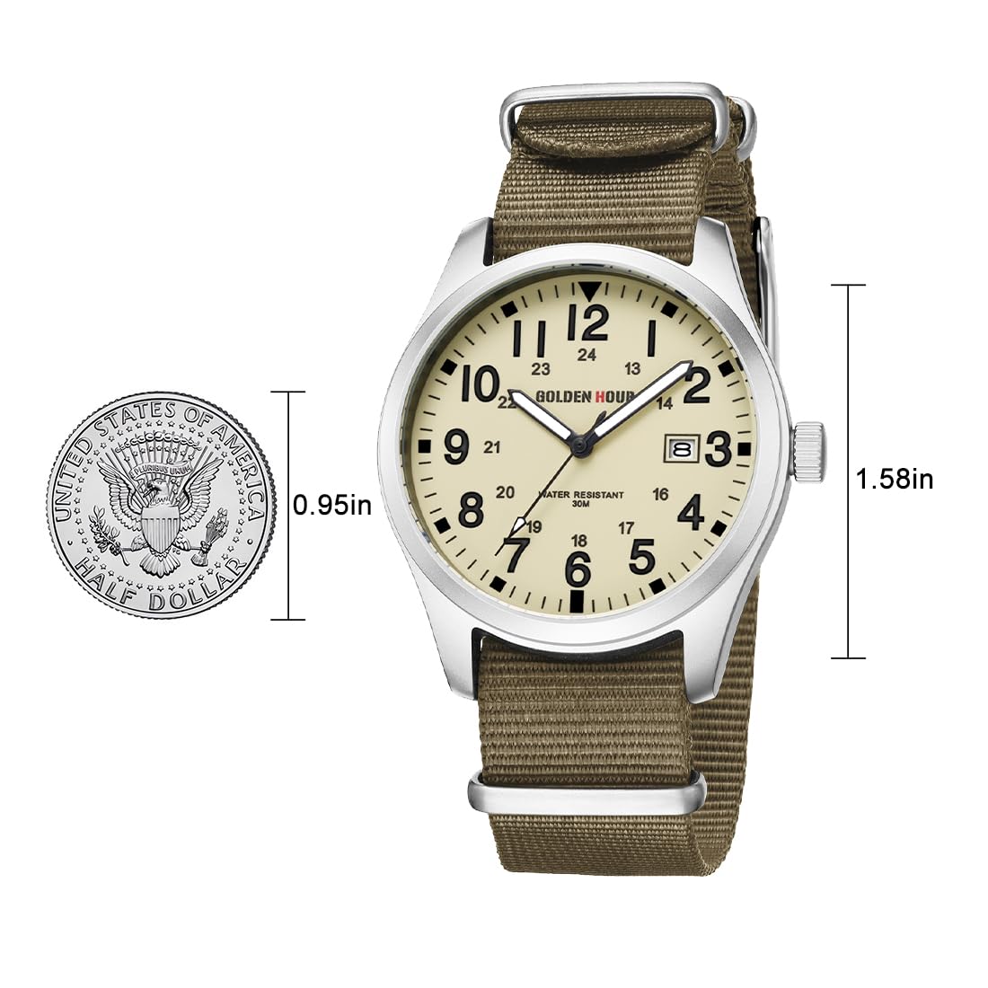 GOLDEN HOUR Men's Nylon Slip-Thru Strap Watch with Military Time Easy Read Dial Glowing Hands