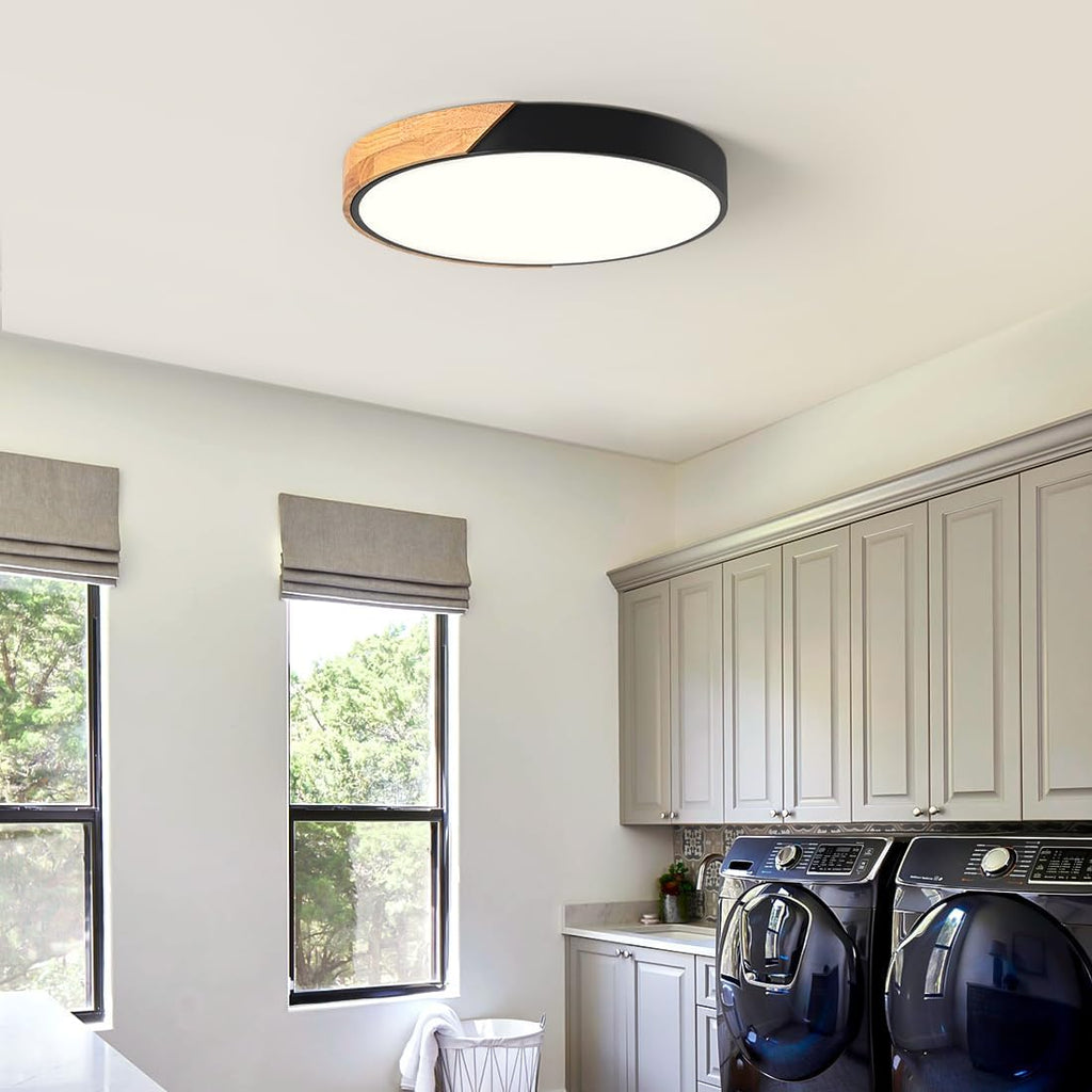 Modern LED Ceiling Light, Minimalist Wood Dimmable Flush Mount Ceiling Light Fixture, Round 5CCT Lighting Lamp with Acrylic Lampshade for Bedroom Hallway Kitchen Laundry, Black 11.8"