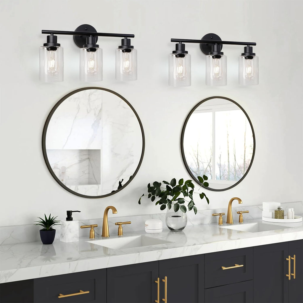 Unicozin 2 Pack Modern Bathroom Light Fixtures, 3 Light Vanity Lights, Black Wall Lamp with Clear Glass for Bathroom, Mirror, Living Room, Bedroom, Hallway, E26 Base