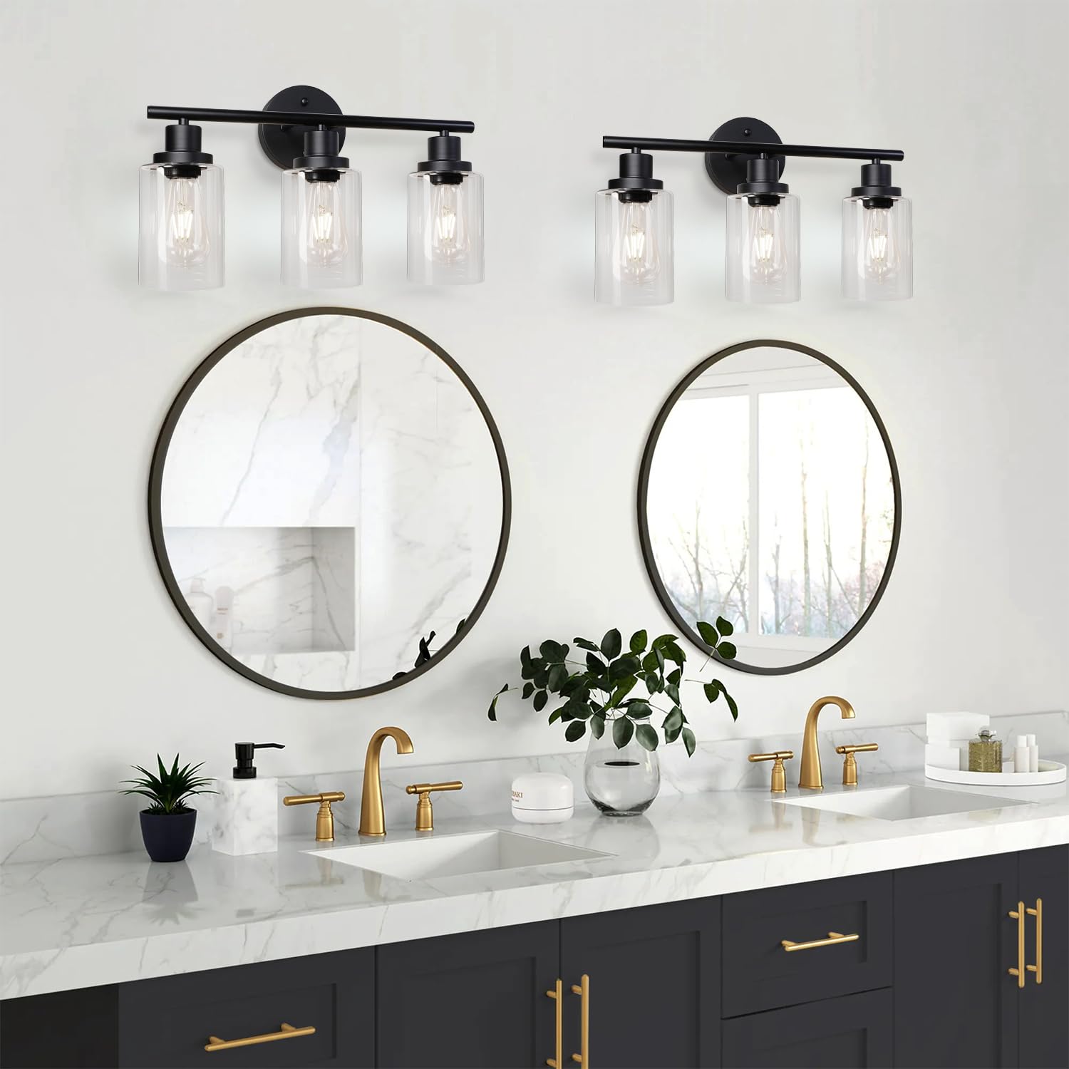 Unicozin 2 Pack Modern Bathroom Light Fixtures, 3 Light Vanity Lights, Black Wall Lamp with Clear Glass for Bathroom, Mirror, Living Room, Bedroom, Hallway, E26 Base