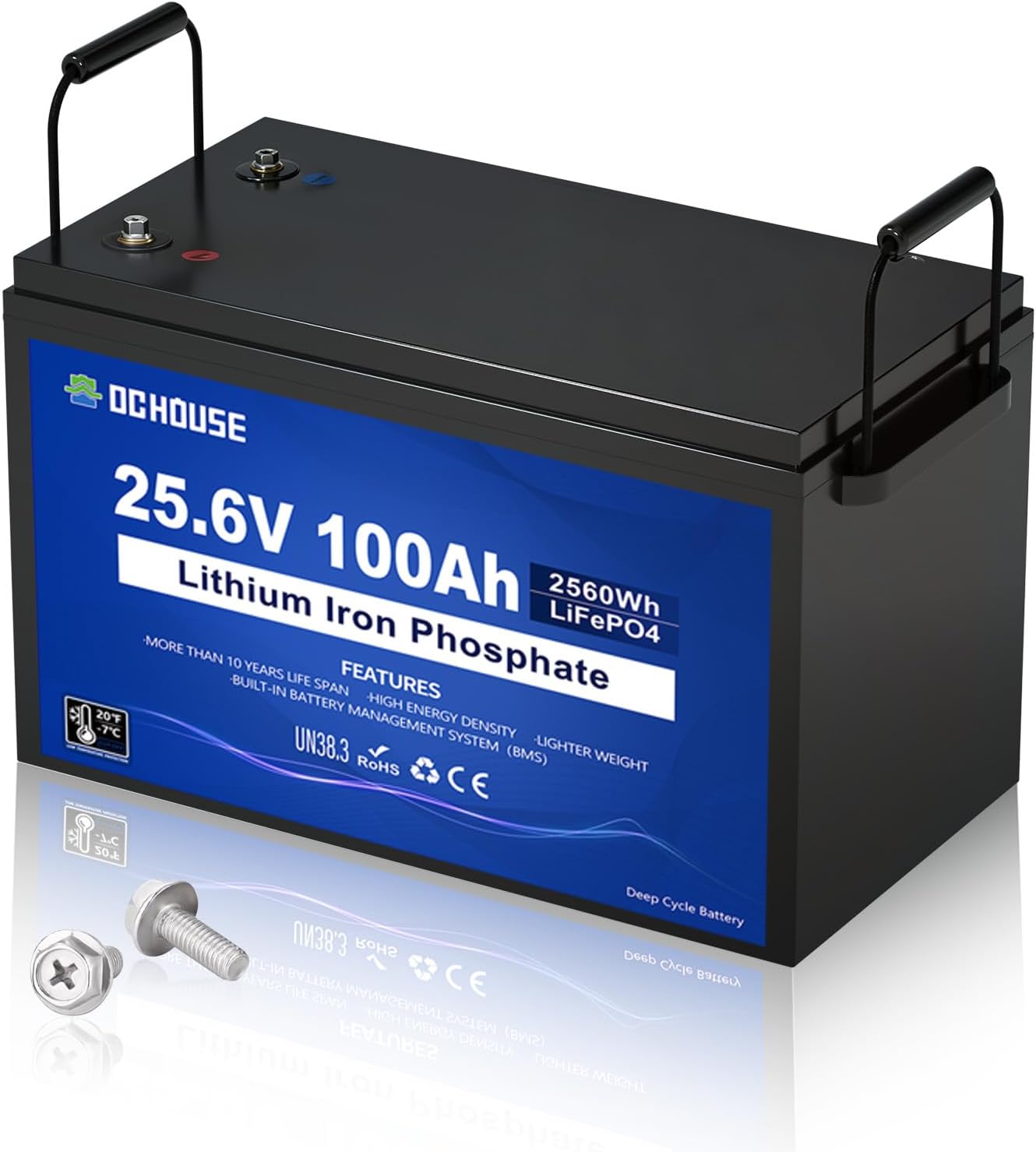 DC House 24V 100Ah LiFePO4 Bluetooth Lithium Battery, Smart BMS with Low Temp Cut-Off, Up to 15000 Cycles, Perfect for Trolling Motors, Marine, Boat, RV, Camper, Home Energy Storage