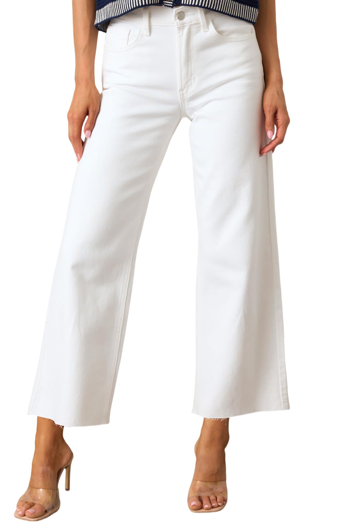 Allimy Women's High Waisted Straight Ankle Wide Leg Ripped Jeans Frayed Hem Stretchy Capri Denim Pants